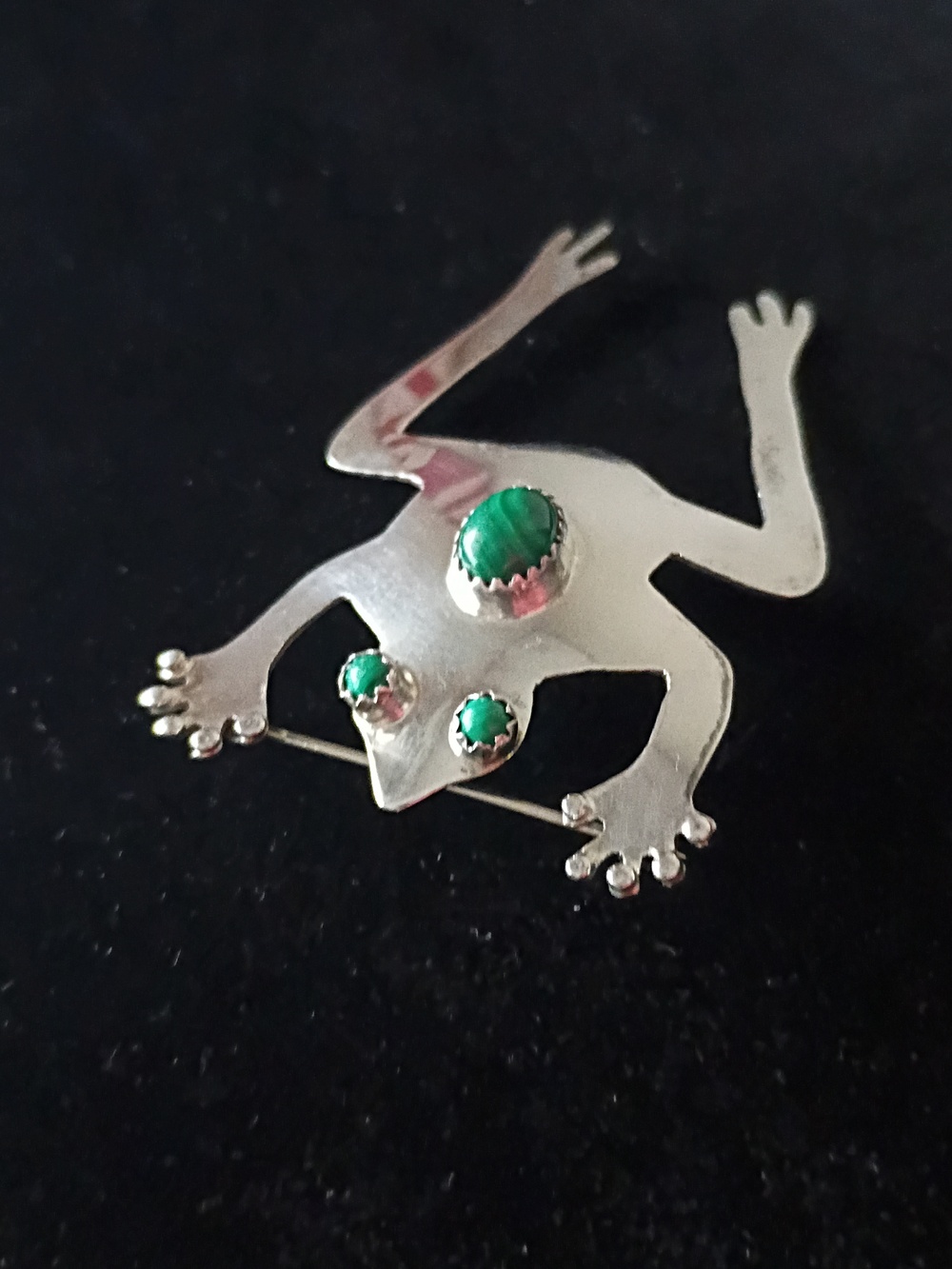 Authentic Navajo Sterling Silver And Malachite Jumping Frog Brooch